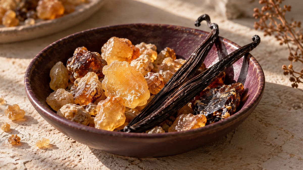 Golden resin tears and dark vanilla pods fill a shallow plum ceramic bowl on a cream surface.