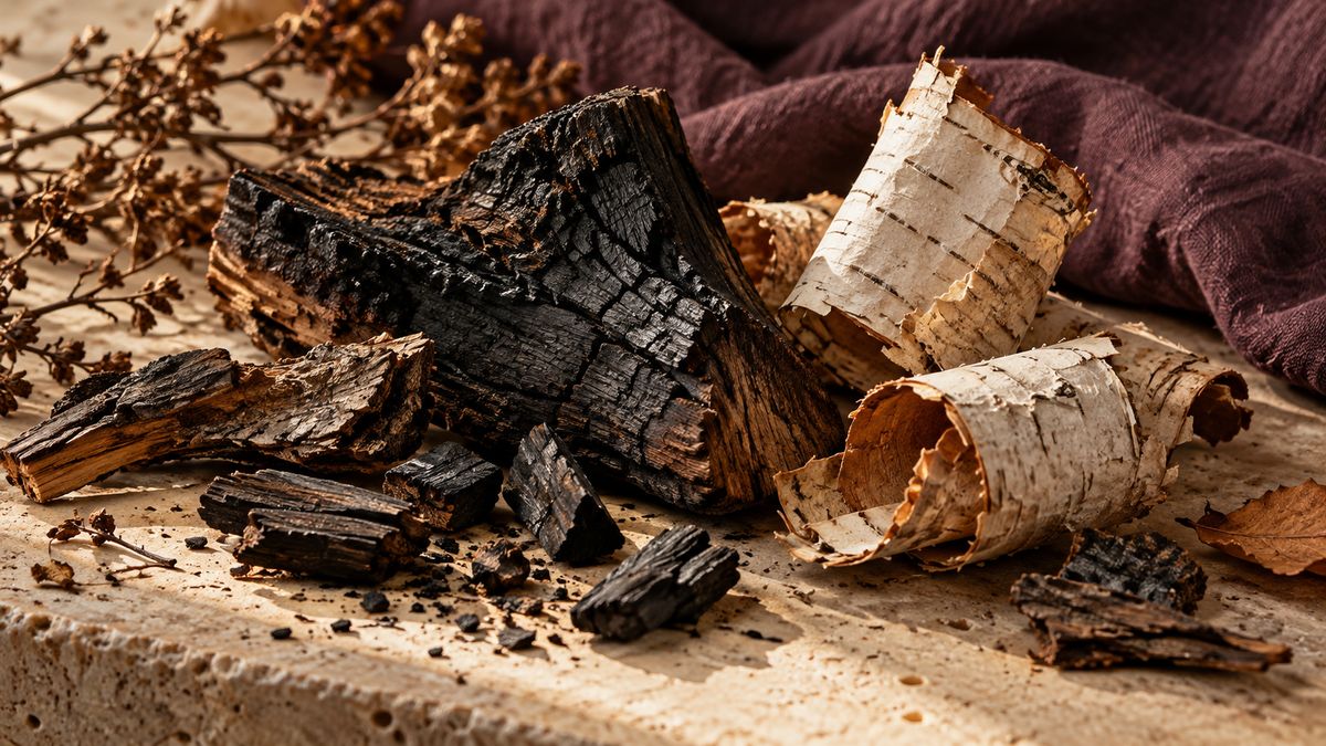 Charred wood and curled birch bark on cream stone beside a softly folded plum cloth.