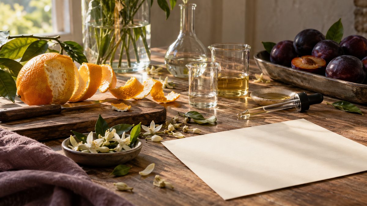 Plain beakers and a glass dropper sit beside citrus peel and blank paper on a quiet workbench.