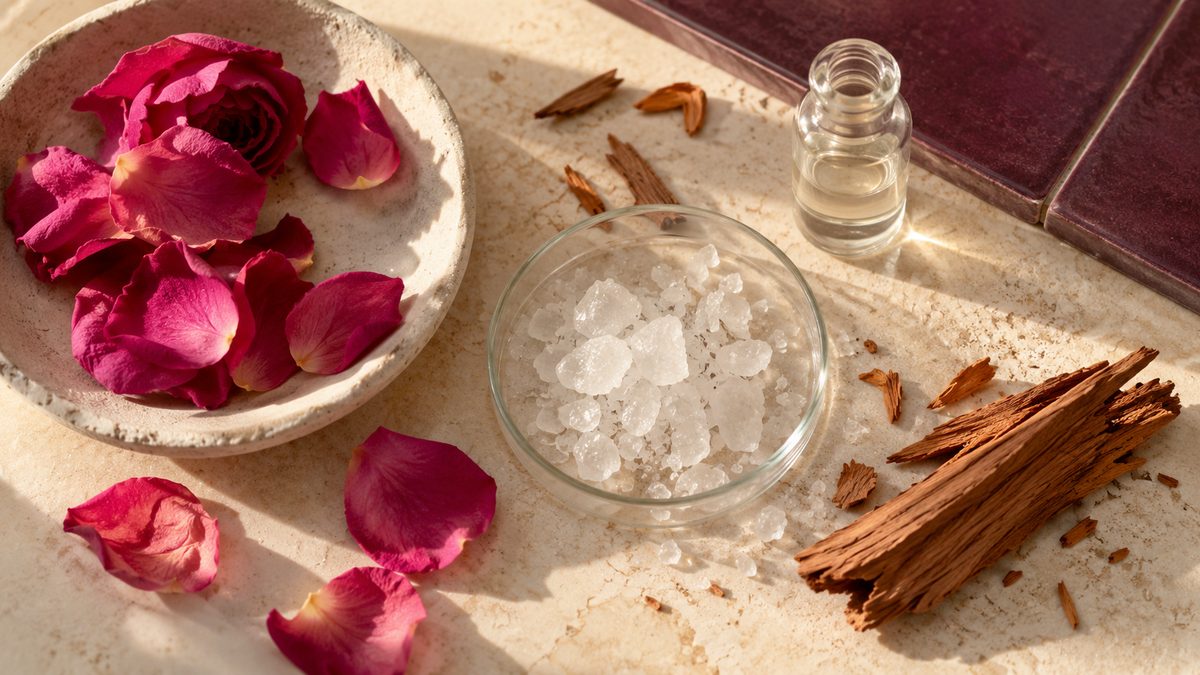 Rose petals and cedar fragments sit beside white crystals in a glass dish on a cream workbench.