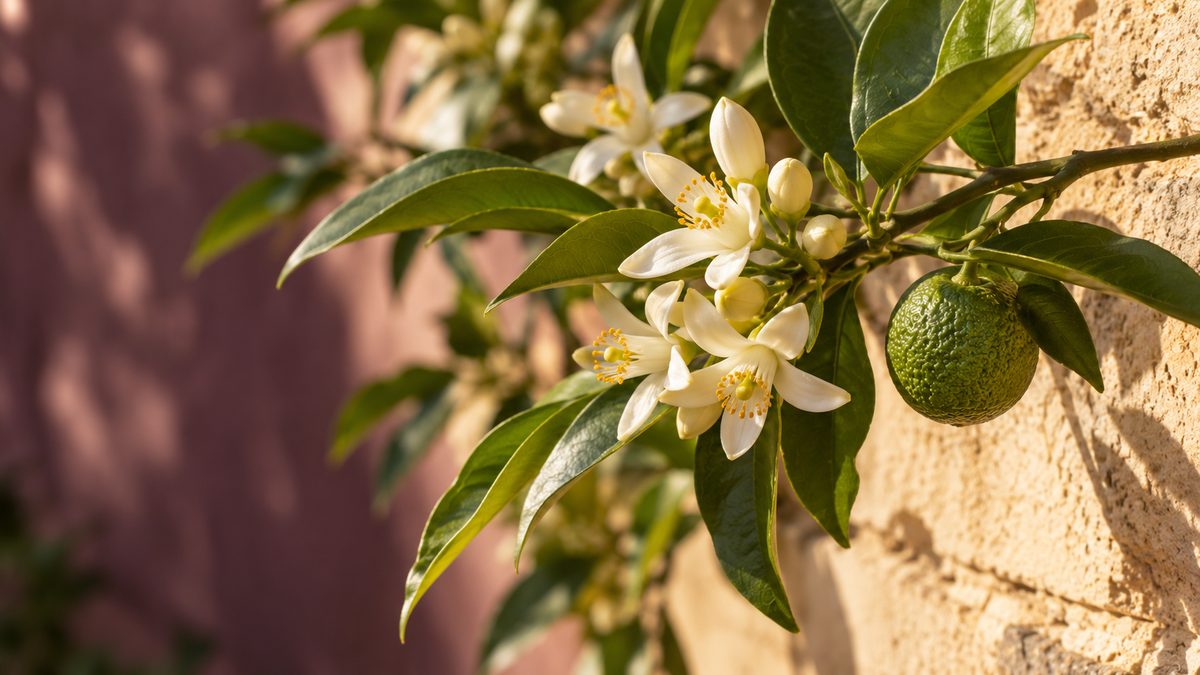White bitter orange blossoms and glossy leaves surround a small green orange on a cream wall.