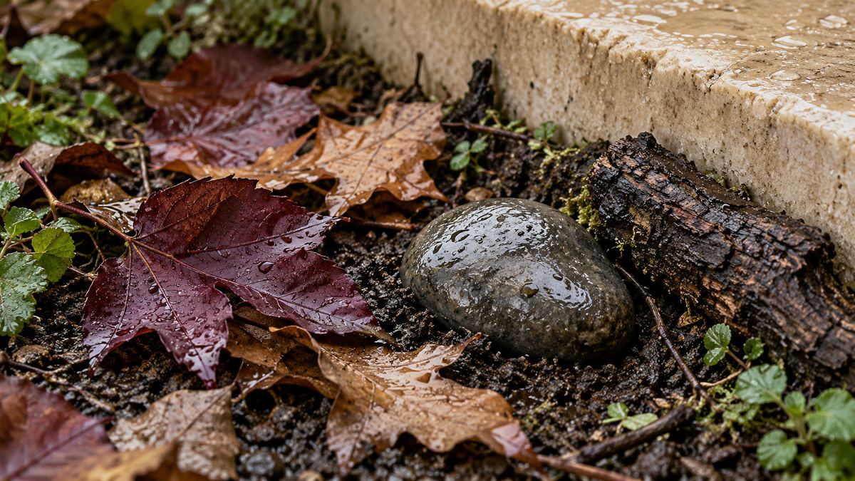 Rain droplets on plum and brown leaves, damp soil, bark and a smooth stone beside a cream ledge.