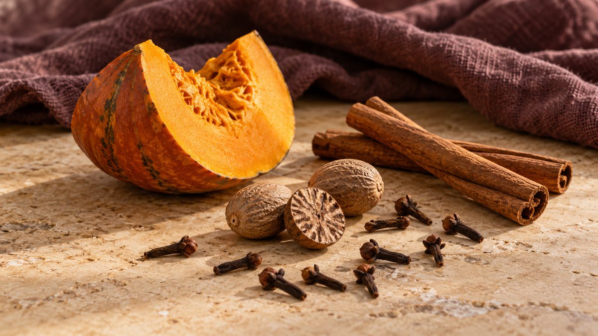 A pumpkin wedge, cinnamon sticks, whole and cut nutmeg, and cloves on cream stone with plum linen.