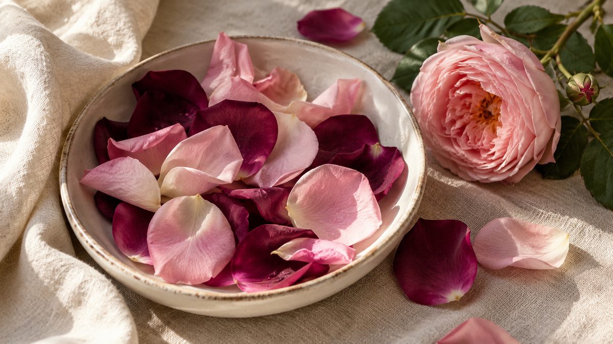 Pale pink and deep plum rose petals fill a cream ceramic dish beside a partly opened garden rose.
