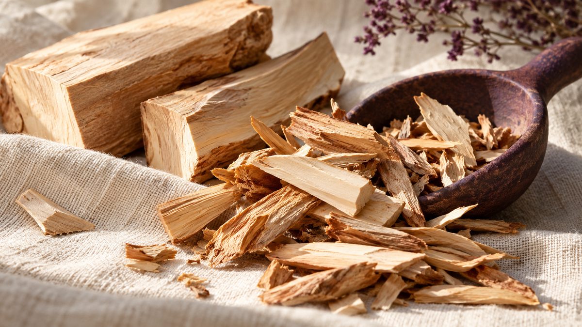Pale golden sandalwood chips and cut heartwood pieces lie on cream linen beside a plum scoop.