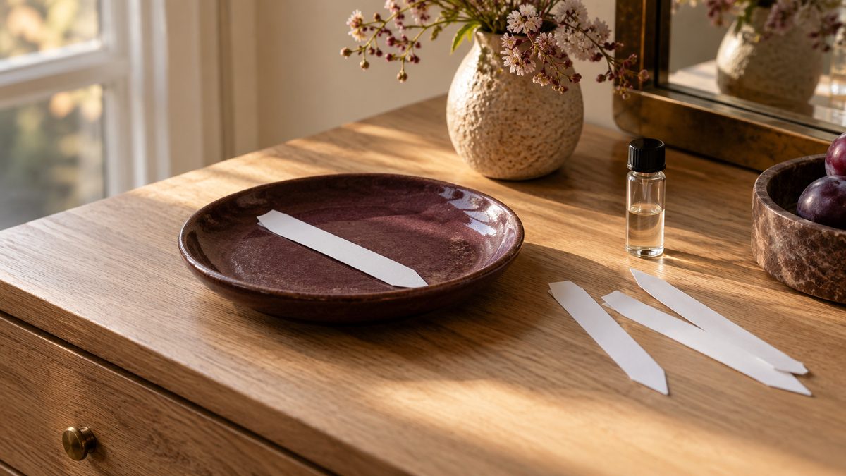 A blank scent strip rests on a plum dish beside three loose strips and a plain glass sample vial.