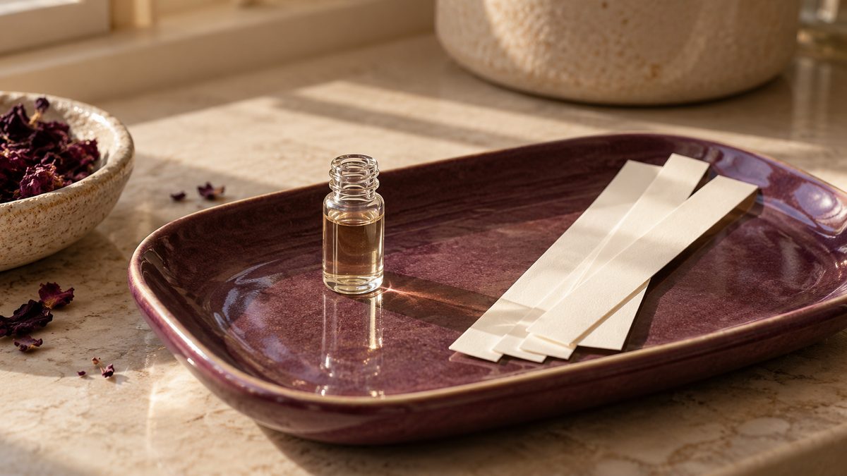 An open plain sample vial sits beside blank paper scent strips on a plum tray at a cream counter.